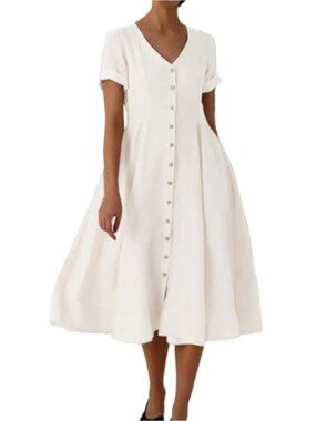 Women's Fit and Flare Cotton Swing Dress V-Neck Button Down Midi